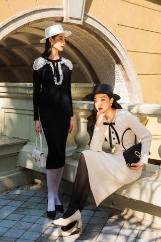 Lace collar knitted - midi dress - white