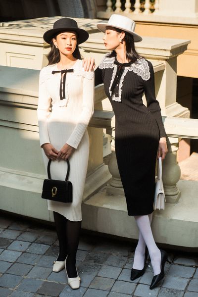 Lace collar knitted - midi dress - white