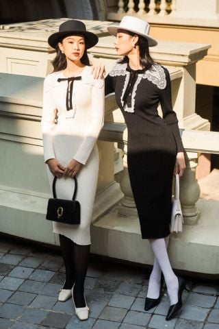 Lace collar knitted - midi dress - Black