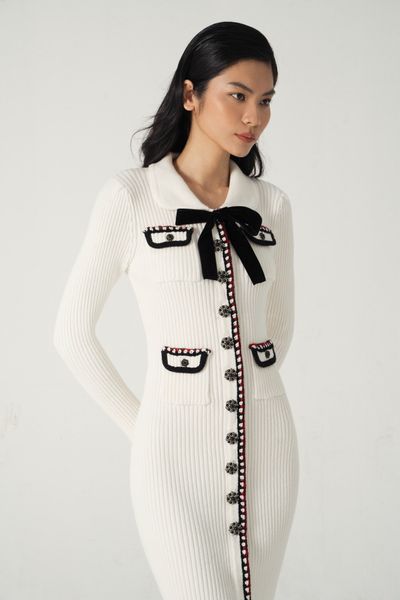 Pocketed midi knitted dress - white