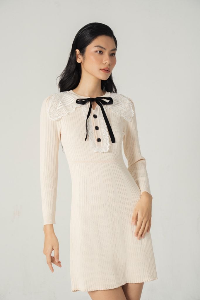 Lace collar knitted - mini dress - Cream