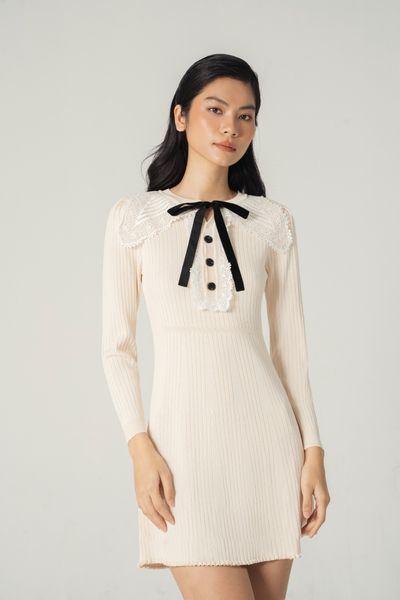 Lace collar knitted - mini dress - Cream