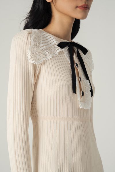 Lace collar knitted - mini dress - Cream