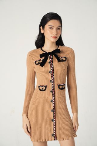 Pocketed mini knitted dress - Brown