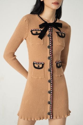 Pocketed mini knitted dress - Brown