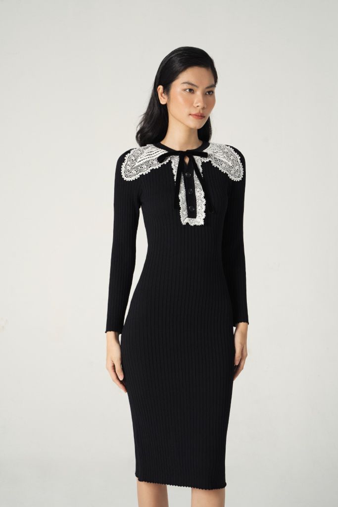 Lace collar knitted - midi dress - Black