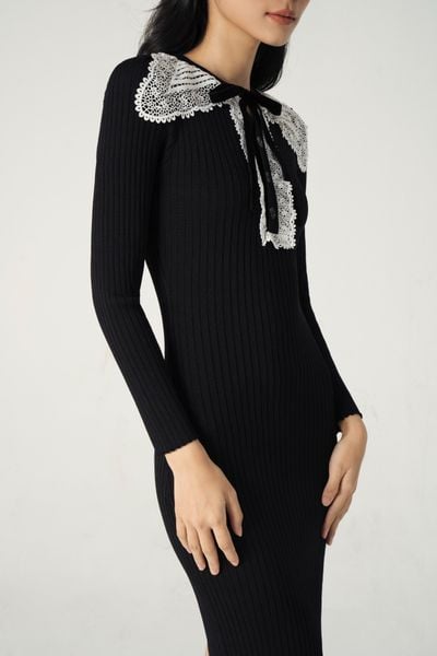 Lace collar knitted - midi dress - Black