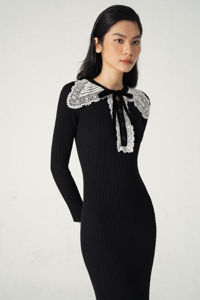 Lace collar knitted - midi dress - Black
