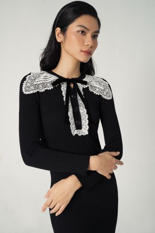 Lace collar knitted - midi dress - Black