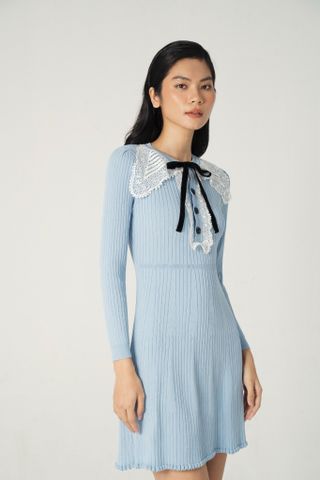 Lace collar knitted - mini dress - Cream