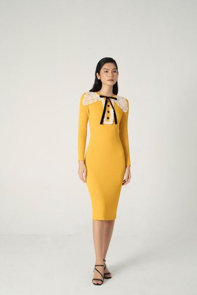 Lace collar knitted - midi dress - Black