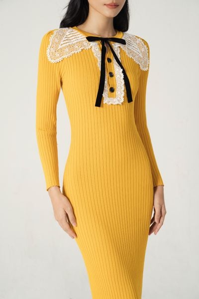 Lace collar knitted - midi dress - Black