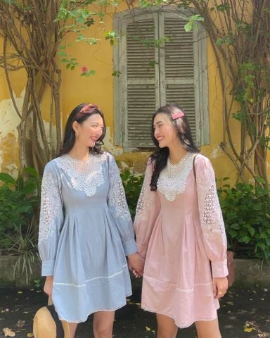 Crochet poplin dress - Pink