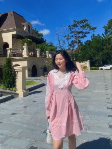 Crochet poplin dress - Pink