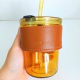  Cốc Thủy Tinh Bao Da có nắp, ống hút thủy tinh cao cấp đi kèm - 450ml wiggly glass 
