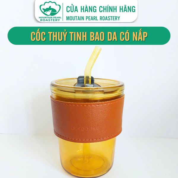  Cốc Thủy Tinh Bao Da có nắp, ống hút thủy tinh cao cấp đi kèm - 450ml wiggly glass 
