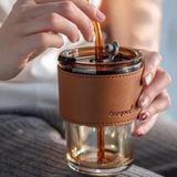  Cốc Thủy Tinh Bao Da có nắp, ống hút thủy tinh cao cấp đi kèm - 450ml wiggly glass 