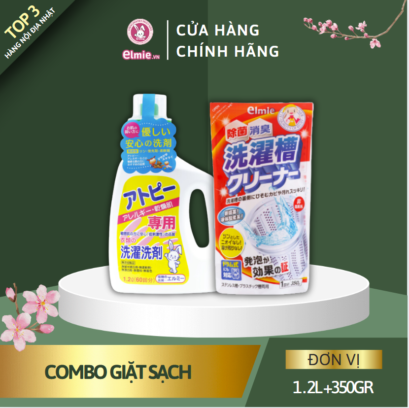 Combo giặt sạch Elmie - Nước giặt quần áo cho người lớn chai 1200ml và nước vệ sinh lồng máy giặt 350g