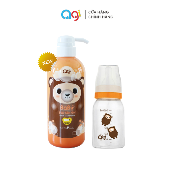  (Mới) Combo 1 chai sữa tắm gội  Agi 500ml (Hoa Anh Đào) + 1 Bình sữa PP Agi 140ml 