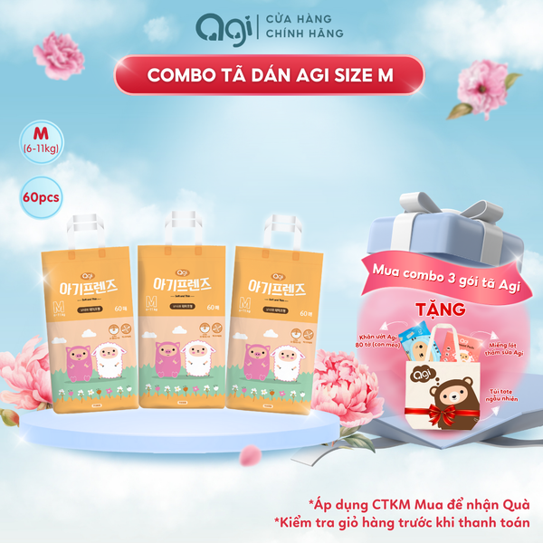  Combo 3 gói Tã Dán Agi - Size M ( TẶNG 1 HỘP MIẾNG LÓT THẤM SỮA AGI, 1 GÓI 80 TỜ CON MÈO VÀ 1 TÚI TOTE AGI NGẪU NHIÊN ) 