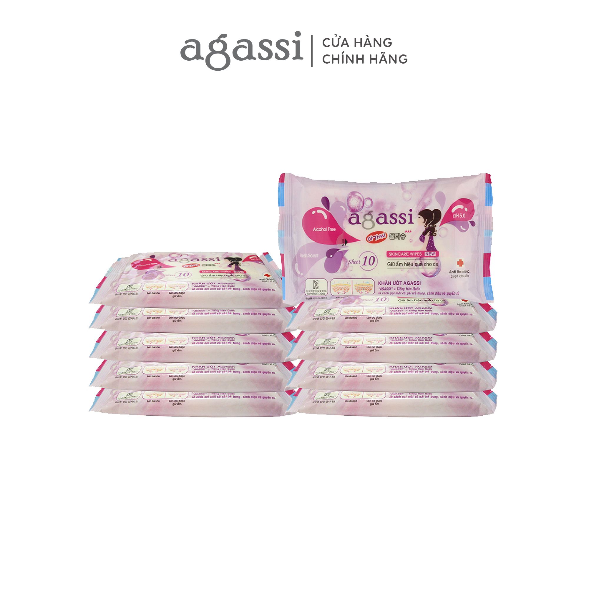  Combo 10 gói khăn ướt Agassi 10 tờ (màu tím) 