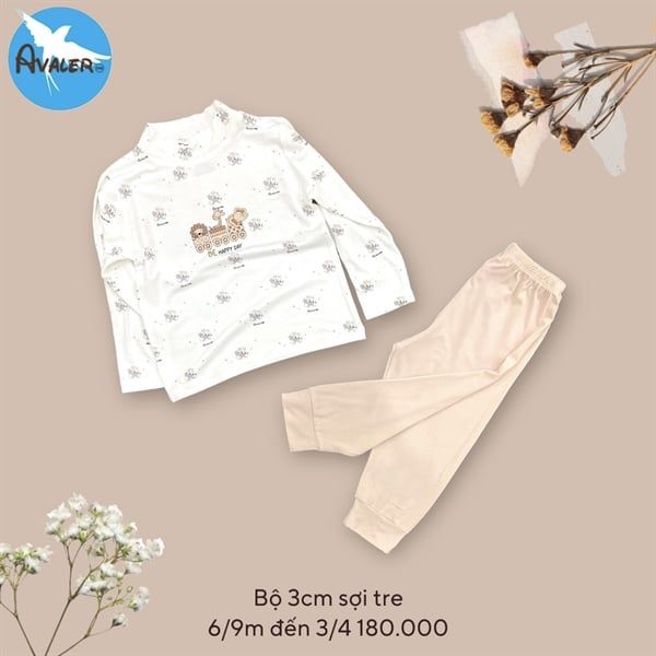  Bộ DT cổ 3cm sợi tre Avaler sợi tre be happy day nâu sữa 3-4Y 