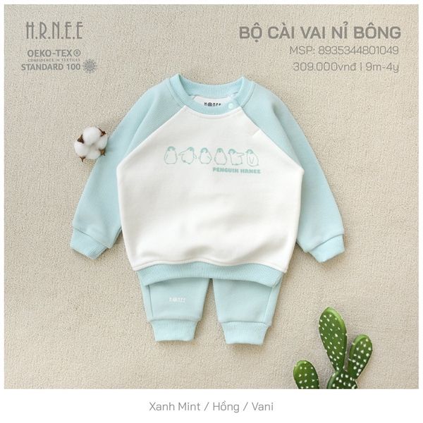  Bộ DTCV Hrnee nỉ bông xanh mint 12-18m 