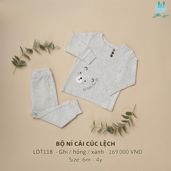  Bộ DT Little Love cài cúc nỉ da cá ghi 
