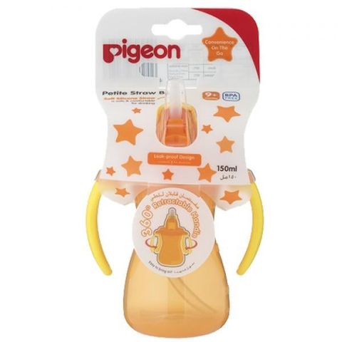 Bình uống nước tay cầm có ống hút màu cam 150ml Pigeon