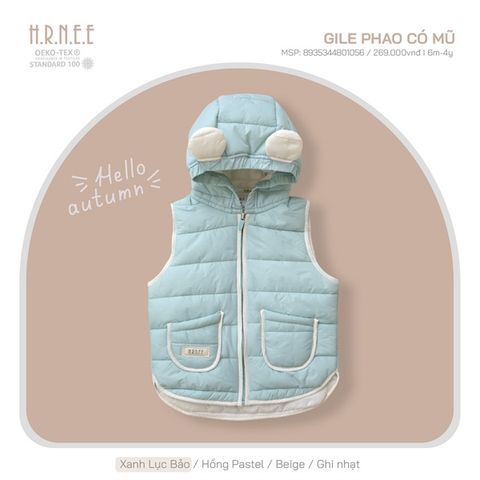  Áo gile Hrnee phao có mũ xanh lục bảo 6-9m 