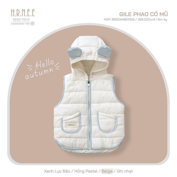  Áo gile Hrnee phao có mũ beige 3-4y 