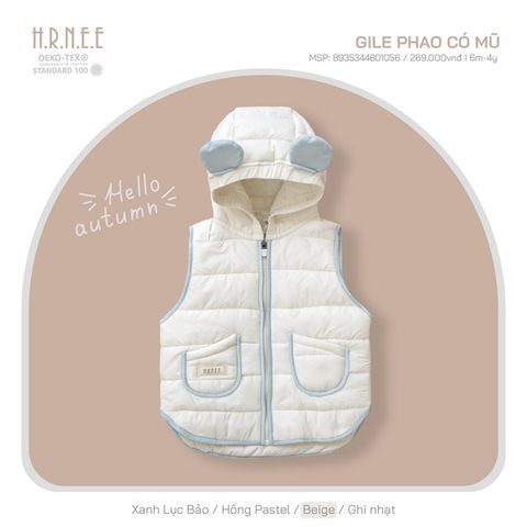  Áo gile Hrnee phao có mũ beige 3-4y 