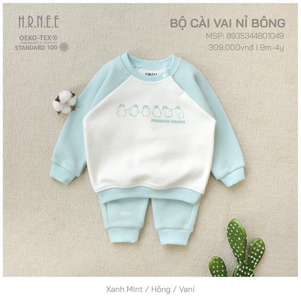  Bộ DTCV Hrnee nỉ bông xanh mint 6-9m 