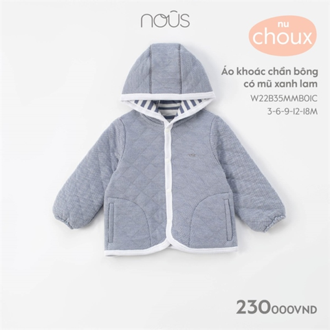  Áo khoác Nous chần bông xanh lam có mũ (size từ 3M-18M) 