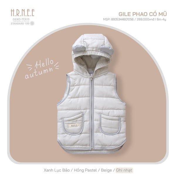  Áo gile Hrnee phao có mũ ghi nhạt 3-4y 