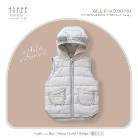  Áo gile Hrnee phao có mũ ghi nhạt 18-24m 
