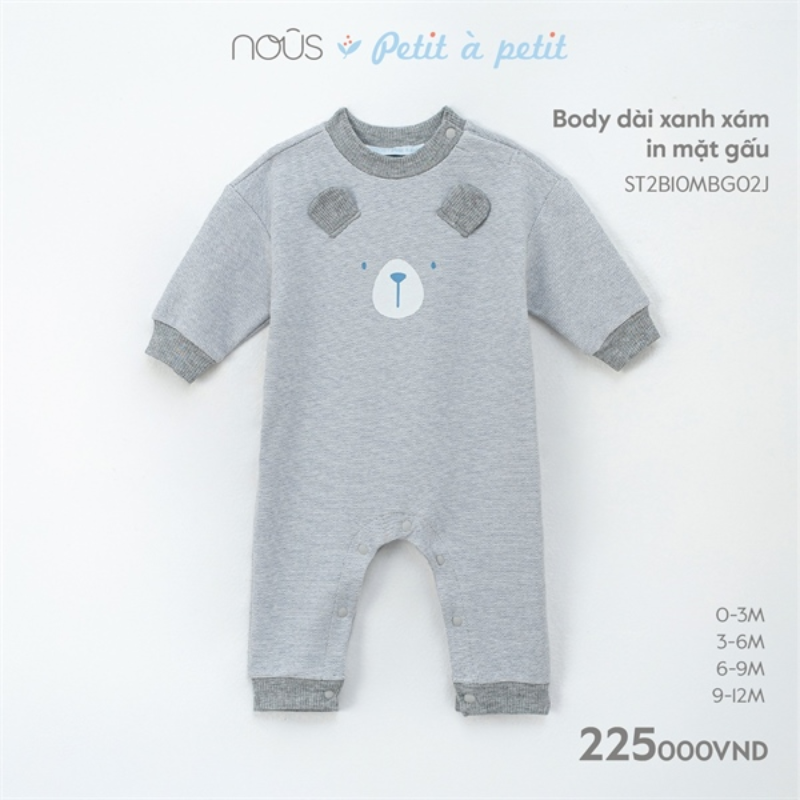  Body dài tay Nous nỉ in mặt gấu 3D xanh xám 