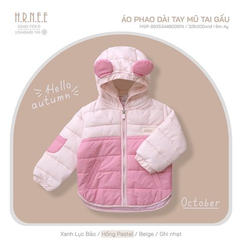  Áo khoác Hrnee phao có mũ hồng pastel 12-18m 