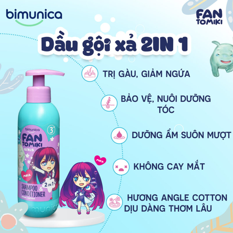  Dầu gội xả 2in1 BIMUNICA Fantomiki hương Angel Cotton dịu dàng 250ml Cho Bé Gái Từ 3 Tuổi 