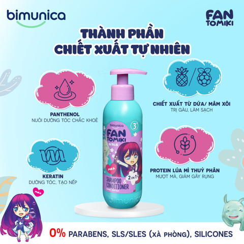  Dầu gội xả 2in1 BIMUNICA Fantomiki hương Angel Cotton dịu dàng 250ml Cho Bé Gái Từ 3 Tuổi 