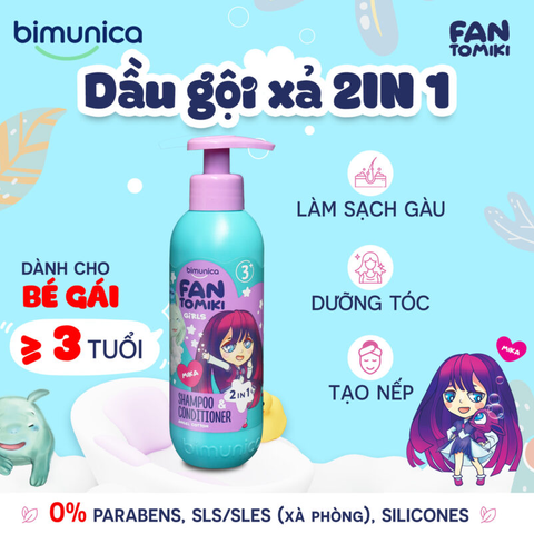  Dầu gội xả 2in1 BIMUNICA Fantomiki hương Angel Cotton dịu dàng 250ml Cho Bé Gái Từ 3 Tuổi 