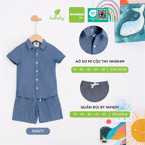  Áo sơ mi cộc tay Lullaby thô NH564M navy 1y 