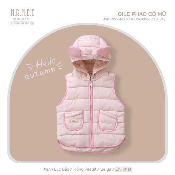  Áo gile Hrnee phao có mũ hồng pastel 3-4y 