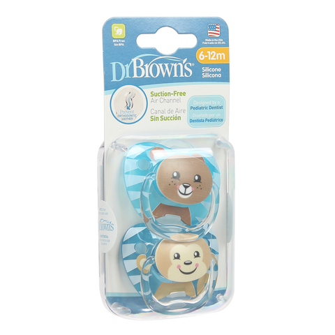 Bộ 2 ty ngậm in hình con gấu và khỉ cho bé 6-12M xanh Dr Brown's