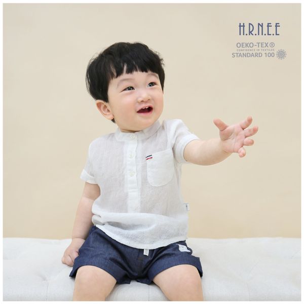  Áo sơ mi Hrnee thông hơi cổ tròn trắng 