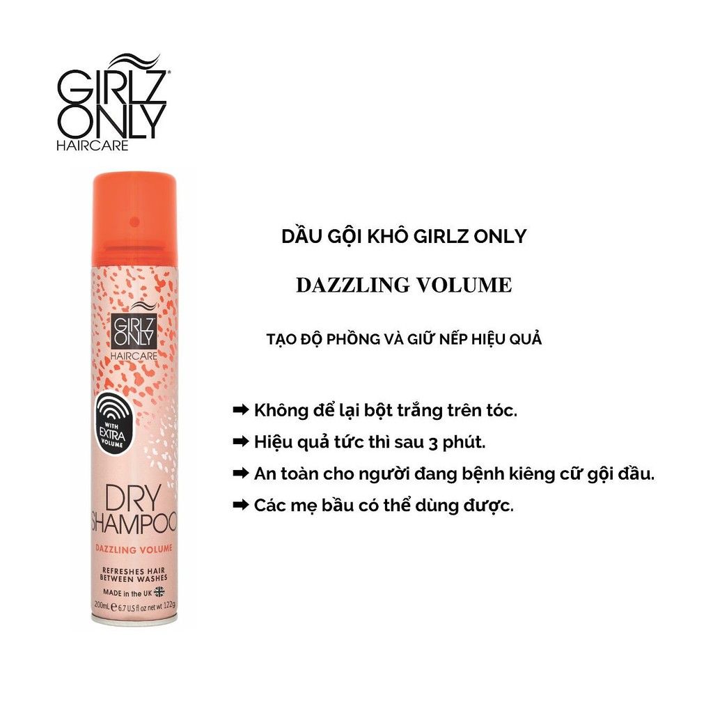 Dầu Gội Khô Girlz Only Dry Shampoo 200ml giúp tóc bồng bềnh, sạch thơm dễ chịu