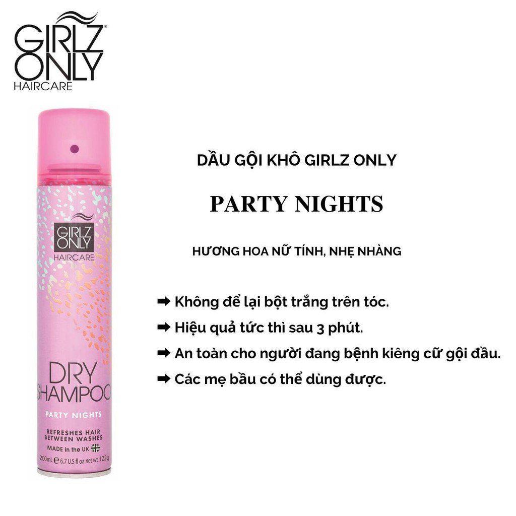 Dầu gội khô Girlz Only Dry Shampoo Party Nights size du lịch 100ml/chai cho tóc sạch thơm bồng bềnh