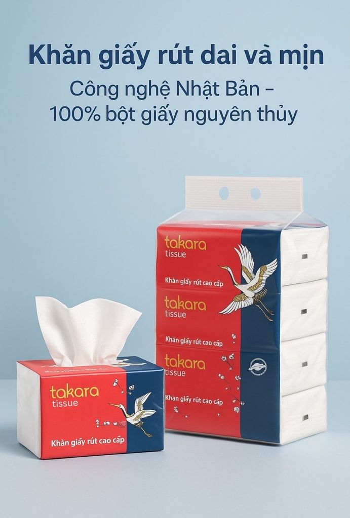 Khăn giấy ăn dạng rút Eco-Takara 100% bột gỗ nguyên sinh, 4 lớp dai và mịn, sản xuất theo công nghệ Nhật Bản