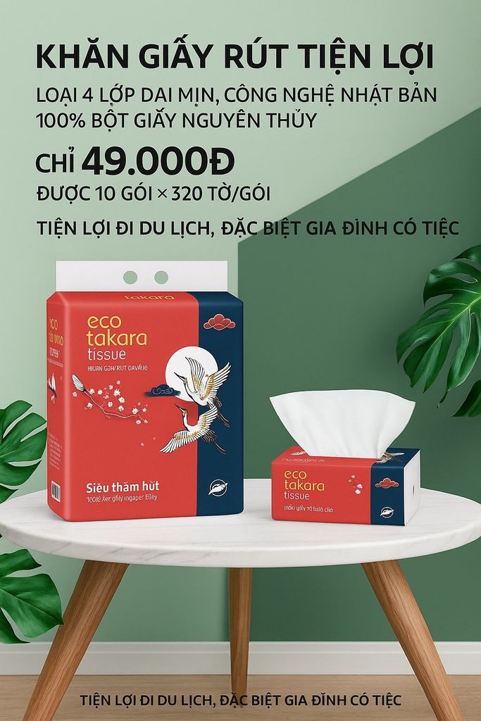 Khăn giấy ăn dạng rút Eco-Takara 100% bột gỗ nguyên sinh, 4 lớp dai và mịn, sản xuất theo công nghệ Nhật Bản