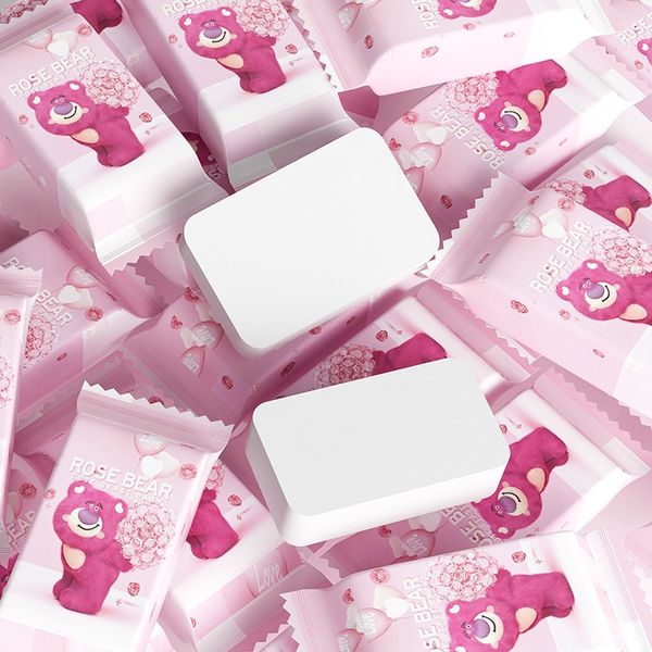 BỊCH 20 VIÊN NÉN RỬA MẶT HOẠ TIẾT GẤU DÂU LOTSO HÌNH VIÊN KẸO - KHĂN GIẤY NÉN DU LỊCH GẤU DÂU MÀU HỒNG